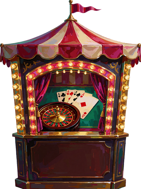 Cirkusbod med rouletthjul og spillekort p&aring; gr&oslash;nt filt, der viser bordspil som blackjack og roulette