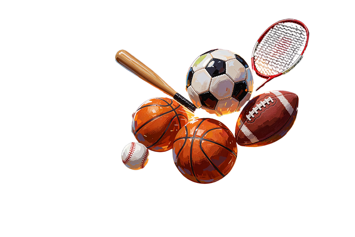 Fodbold, basketballs og tennisbolde i en eksplosion af gnister over et oplyst stadion - Jokerys sportsbook
