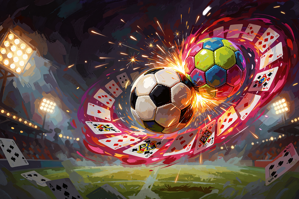 Fodbold og h&aring;ndbold st&oslash;der sammen i luften med en spiral af spillekort over en oplyst bane - Jokerys sportsbook