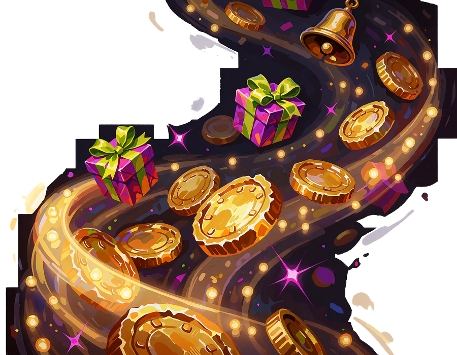 Hvirvel af guldm&oslash;nter, lilla gave&aelig;sker med gr&oslash;nne b&aring;nd og en messingklokke, der illustrerer Coins og Crazy Rewards