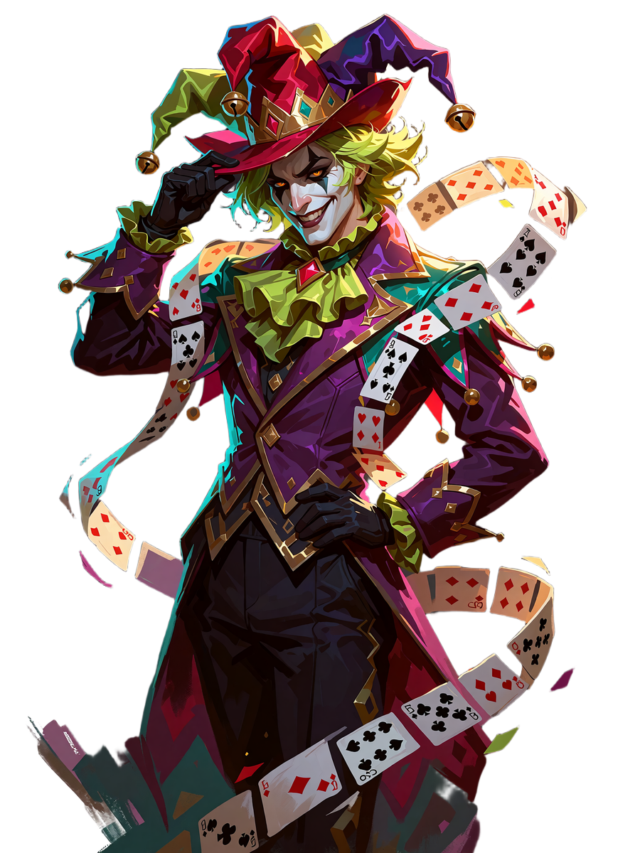 Jokery-maskotten i fuld figur: gr&oslash;nh&aring;ret joker i lilla frakke med narrehat, hvid ansigtsmaling og bredt smil, omgivet af en spiral af spillekort