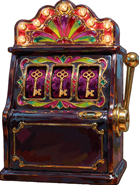 Vintage spilleautomat med gyldne n&oslash;gler p&aring; lilla fl&oslash;jl i hjulene som billede p&aring; Bonus Buy-slots